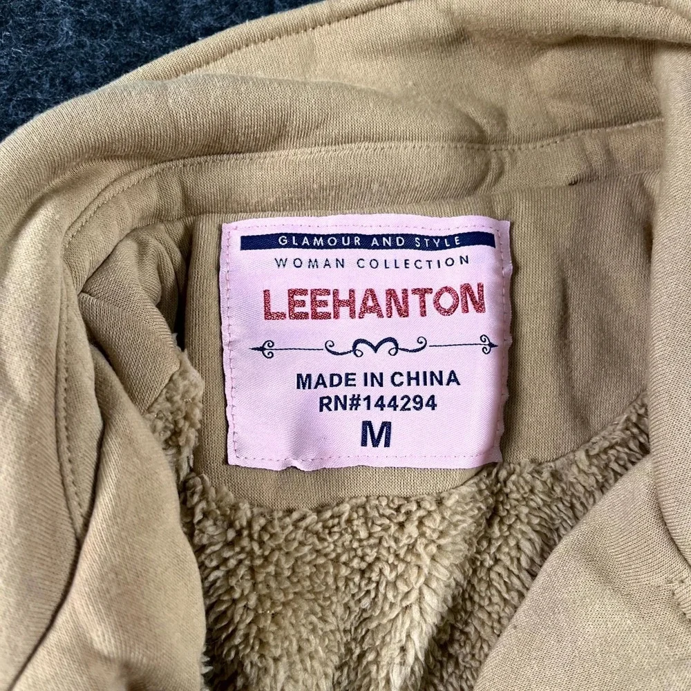 Leehanton Coat Womens Medium Beige Fleece Lined Double Breasted Belted Winter